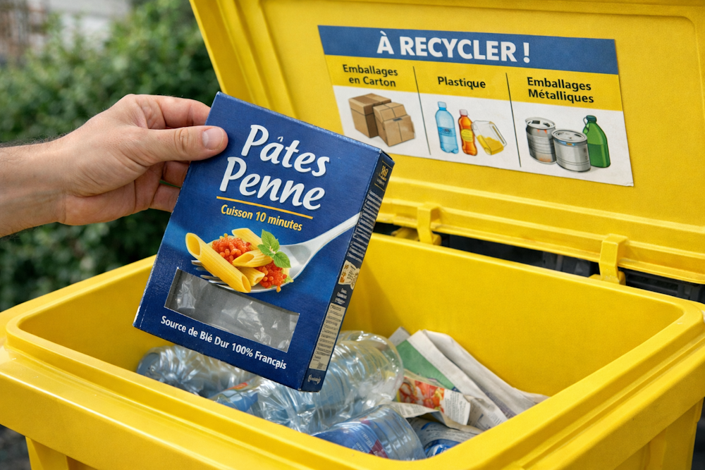 Tri des déchets avec Pâtes Penne Recyclabilité pour la reprise et le recyclage des emballages en papier carton
